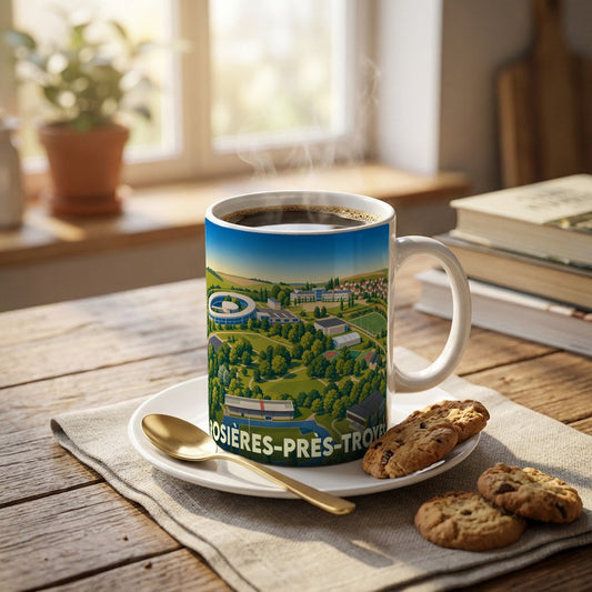 Mug souvenir de la ville de Rosières-près-Troyes avec une illustration stylisée de ses paysages et bâtiments.