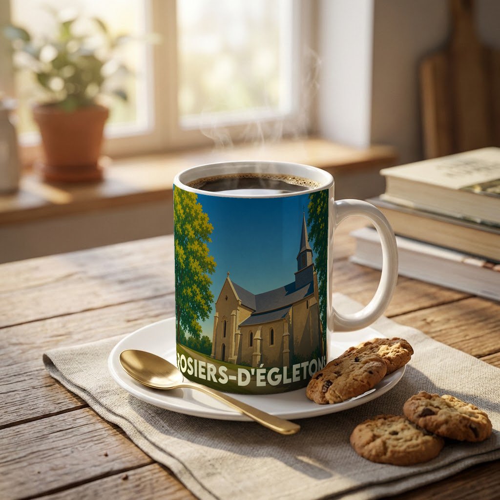 Mug souvenir de la ville de Rosiers-d'Égletons orné d'une illustration stylisée de son église.