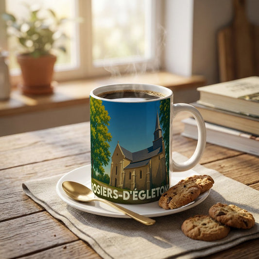 Mug souvenir de la ville de Rosiers-d'Égletons orné d'une illustration stylisée de son église.