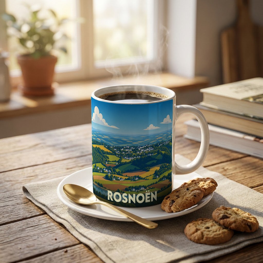 Mug souvenir de la ville de Rosnoën orné d'une illustration stylisée de paysages vallonnés.