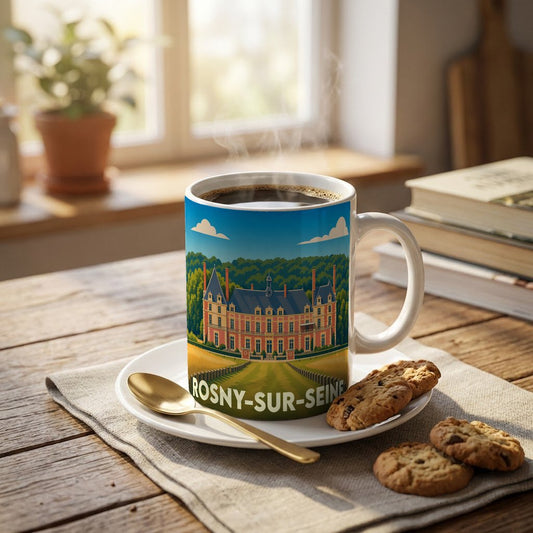 Mug souvenir de la ville de Rosny-sur-Seine orné d'une illustration stylisée de son château.