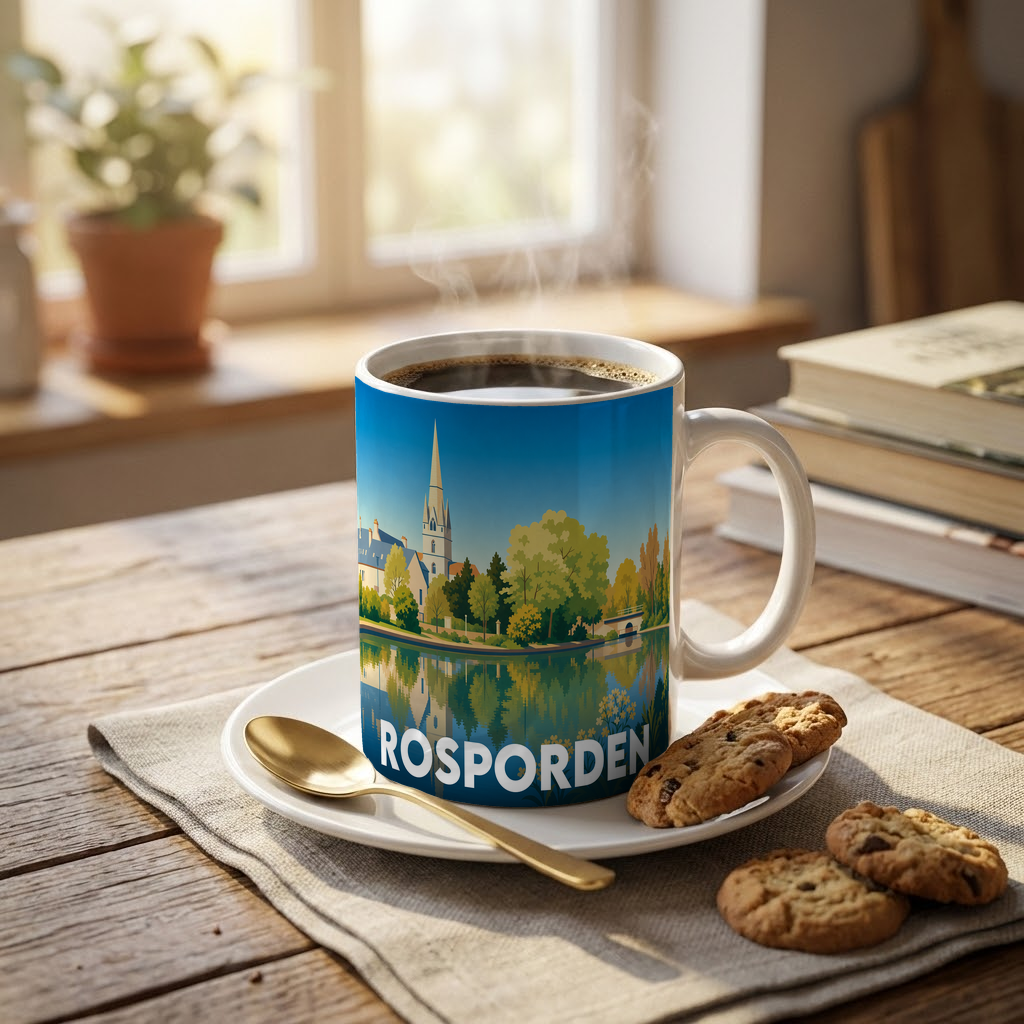 Mug souvenir de la ville de Rosporden avec une illustration stylisée de son église et de son étang.