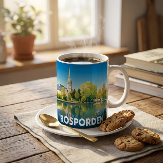 Mug souvenir de la ville de Rosporden avec une illustration stylisée de son église et de son étang.