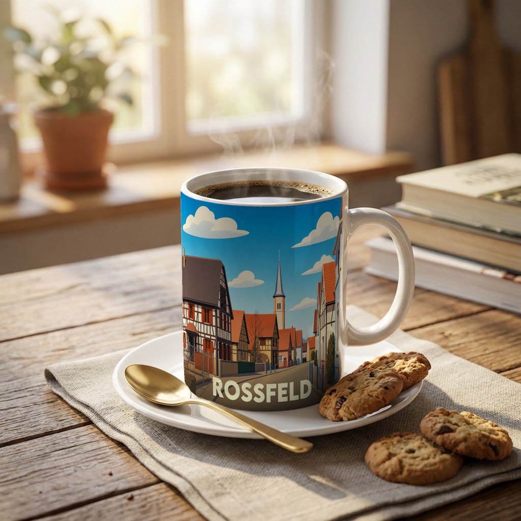 Mug souvenir de la ville de Rossfeld avec une illustration stylisée de ses maisons à colombages.