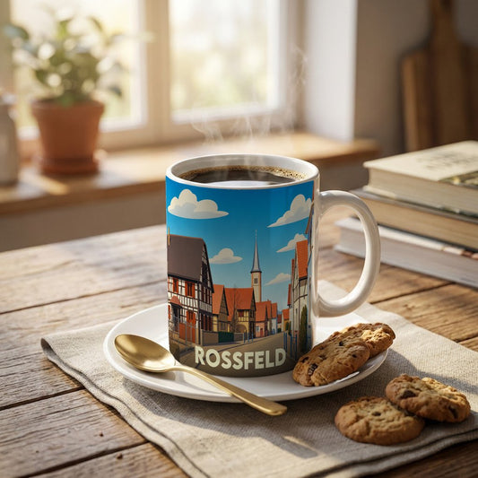 Mug souvenir de la ville de Rossfeld avec une illustration stylisée de ses maisons à colombages.