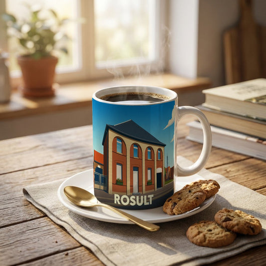 Mug souvenir de la ville de Rosult orné d'une illustration stylisée de son architecture locale.