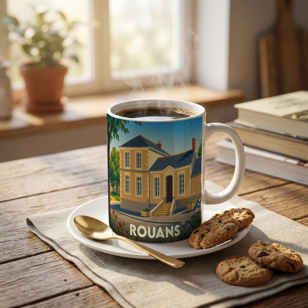 Mug souvenir de la ville de Rouans orné d'une illustration stylisée d'une maison traditionnelle.