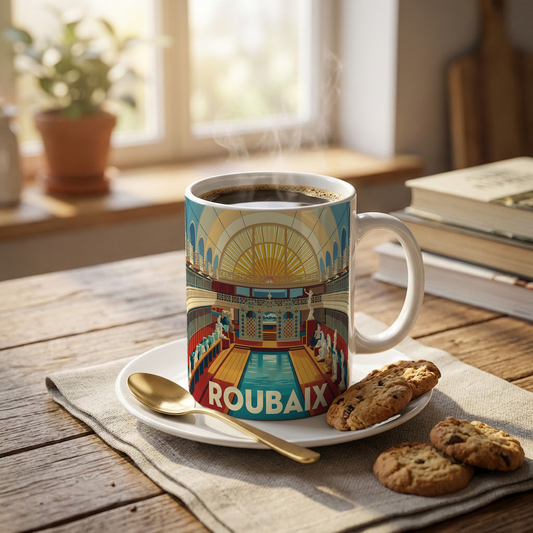 Mug souvenir de la ville de Roubaix avec une illustration stylisée.