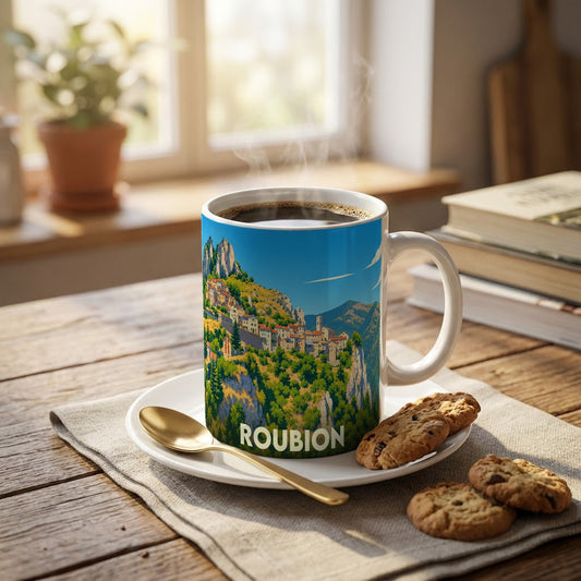 Mug souvenir de la ville de Roubion avec une illustration stylisée d'un village de montagne.