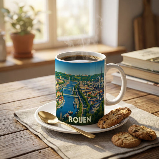 Mug souvenir de la ville de Rouen orné d'une illustration panoramique colorée.