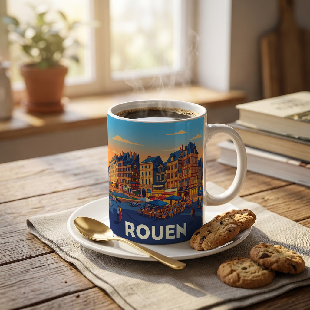 Mug souvenir de la ville de Rouen avec une illustration stylisée.