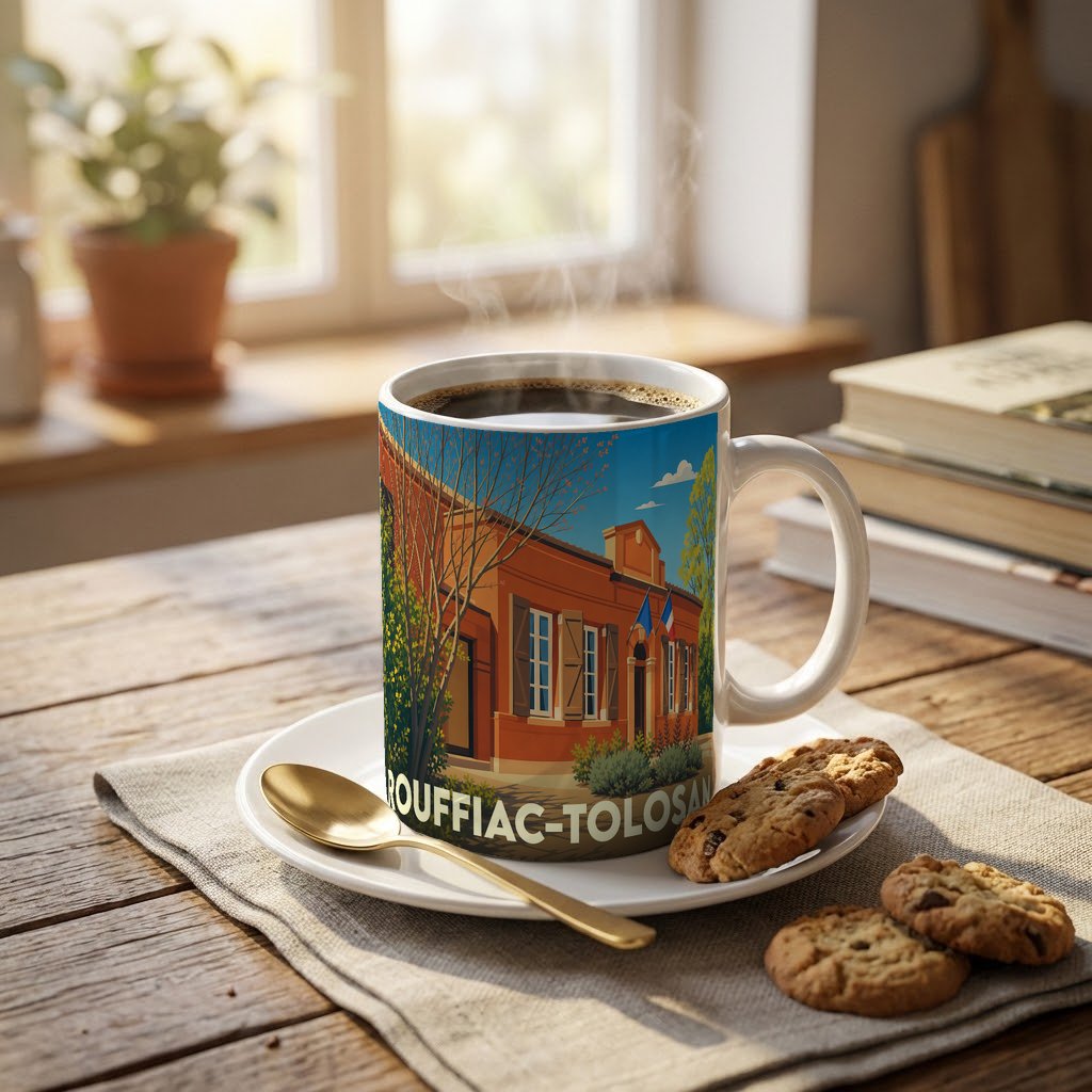 Mug souvenir de la ville de Rouffiac-Tolosan avec une illustration stylisée d'un bâtiment typique.