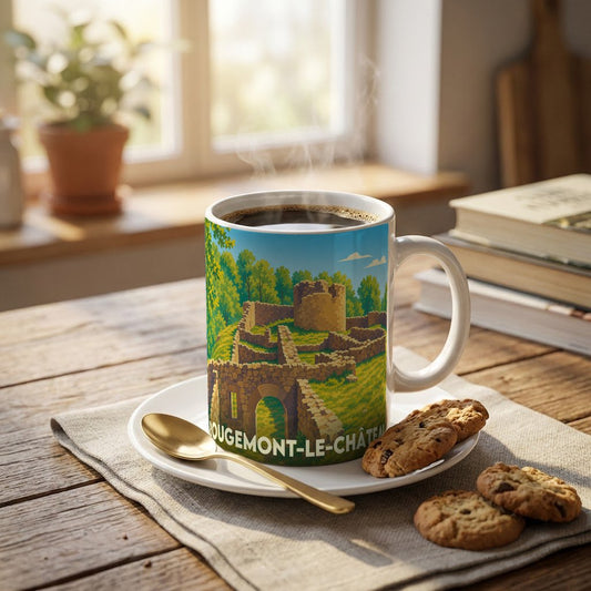 Mug souvenir de la ville de Rougemont-le-Château avec une illustration stylisée de ses ruines médiévales.