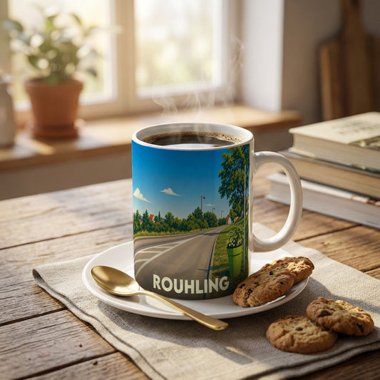 Mug souvenir de la ville de Rouhling illustré par un paysage de route de campagne ensoleillée.