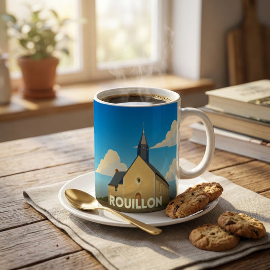 Mug souvenir de la ville de Rouillon avec une illustration stylisée de son église.