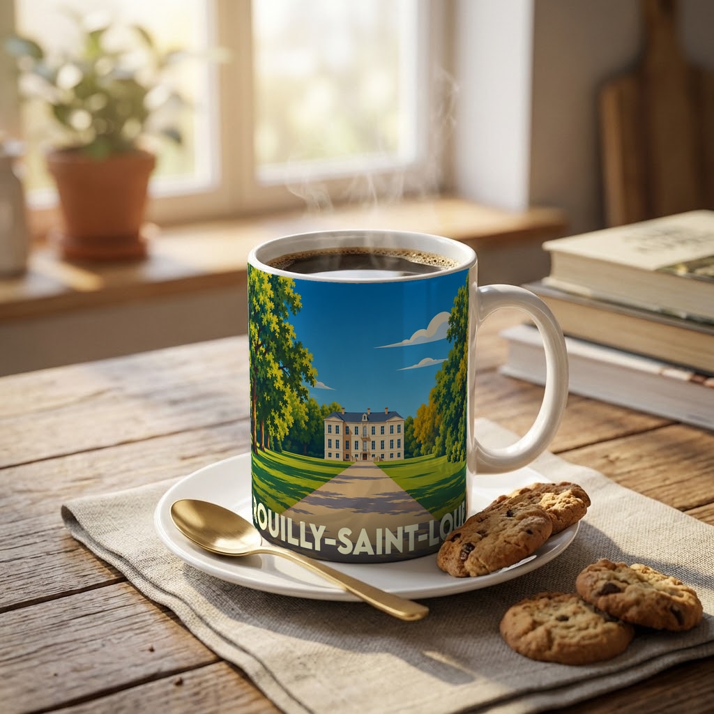 Mug souvenir de la ville de Rouilly-Saint-Loup avec une illustration stylisée de château.