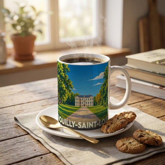 Mug souvenir de la ville de Rouilly-Saint-Loup avec une illustration stylisée de château.
