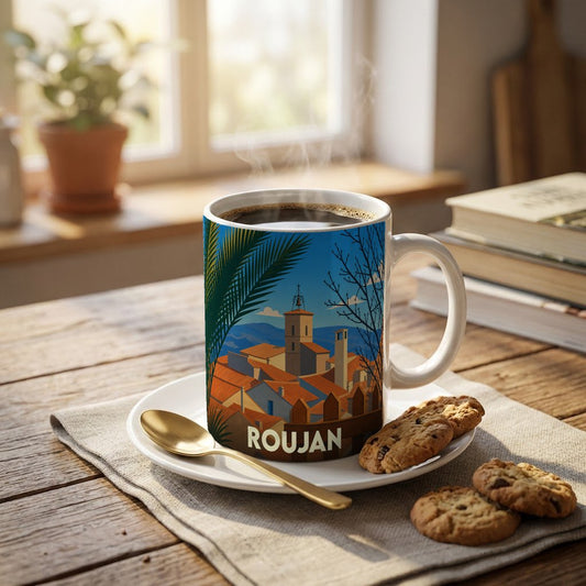 Mug souvenir de la ville de Roujan avec une illustration stylisée d'un paysage urbain méditerranéen.
