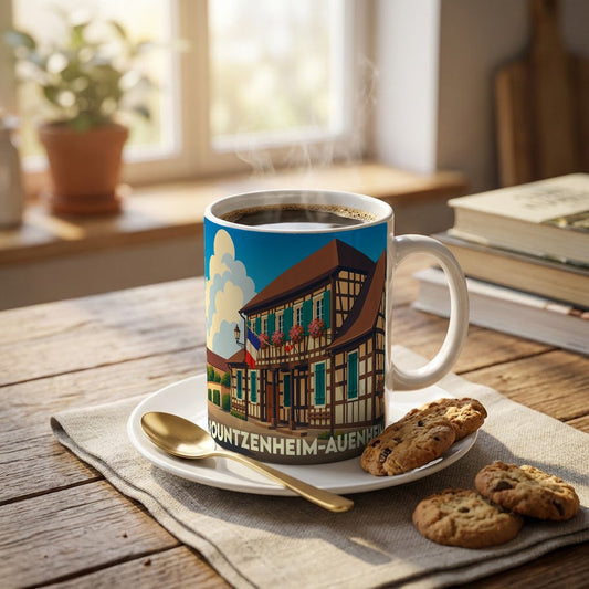 Mug souvenir de la ville de Rountzenheim-Auenheim avec une illustration stylisée de maisons à colombages.