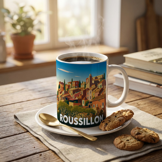 Mug souvenir de la ville de Roussillon avec une illustration stylisée et colorée de ses maisons emblématiques.