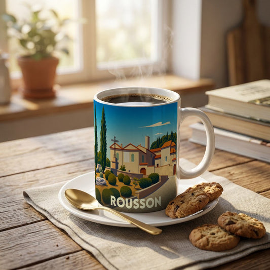 Mug souvenir de la ville de Rousson orné d'une illustration stylisée de style affiche rétro.