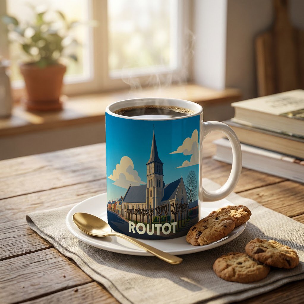 Mug souvenir de la ville de Routot avec une illustration stylisée d'une église sous un ciel bleu.