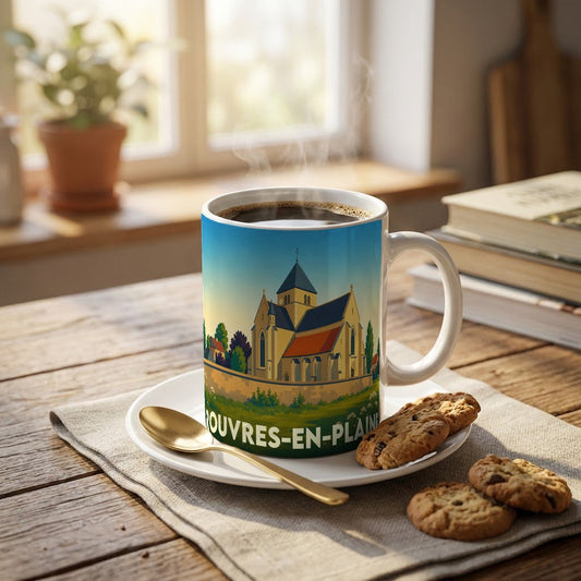 Mug souvenir de la ville de Rouvres-en-Plaine avec une illustration stylisée d'une église historique.