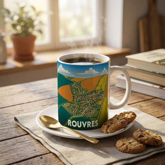 Mug souvenir de la ville de Rouvres avec une illustration stylisée de ses paysages vue du ciel.