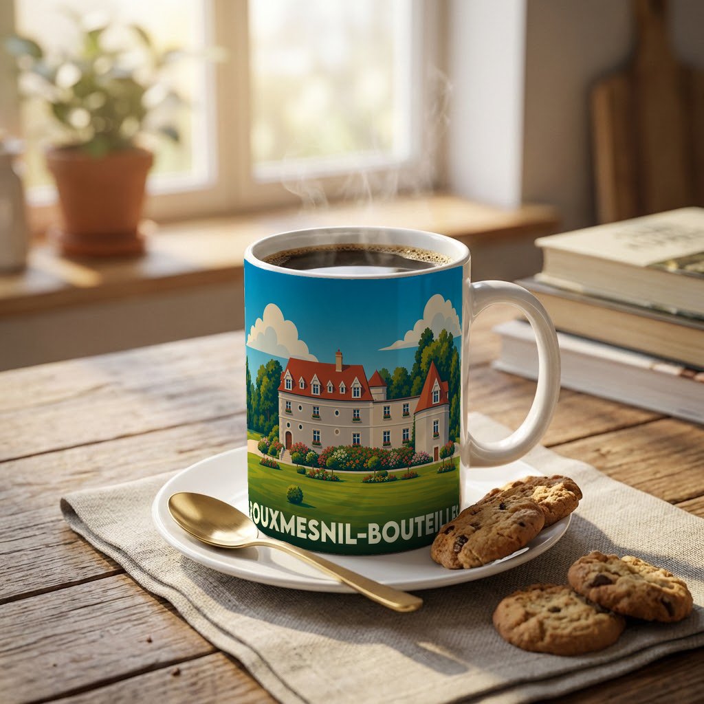Mug souvenir de la ville de Rouxmesnil-Bouteilles avec une illustration stylisée d'un château.
