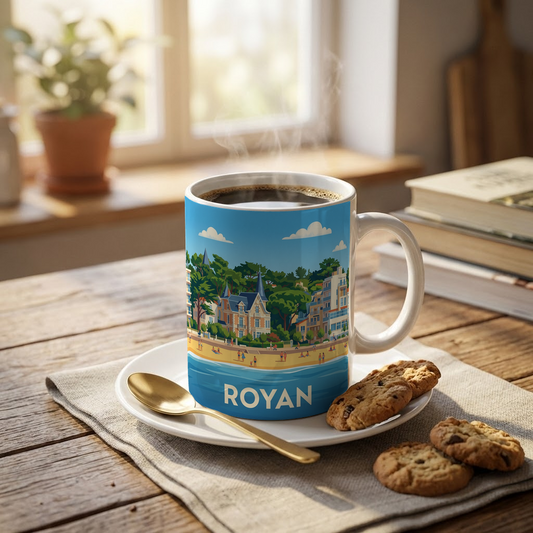 Mug souvenir de la ville de Royan avec une illustration stylisée de son front de mer.