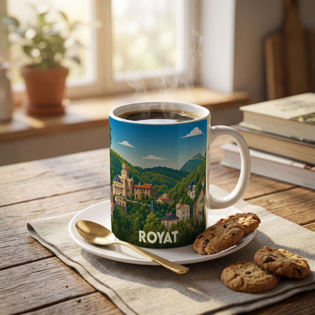 Mug souvenir de la ville de Royat avec une illustration stylisée de son paysage vallonné.