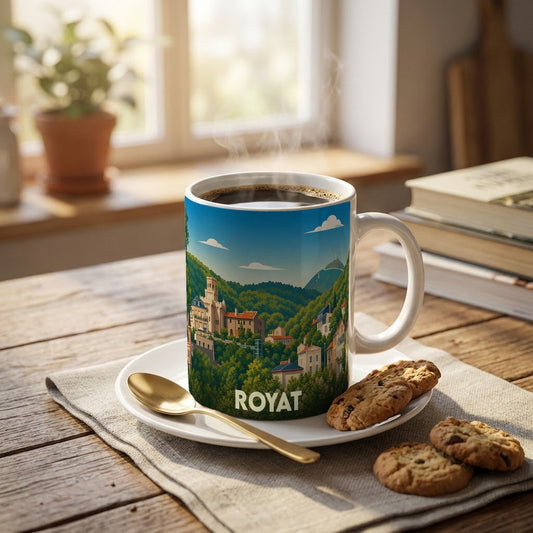 Mug souvenir de la ville de Royat avec une illustration stylisée de son paysage vallonné.