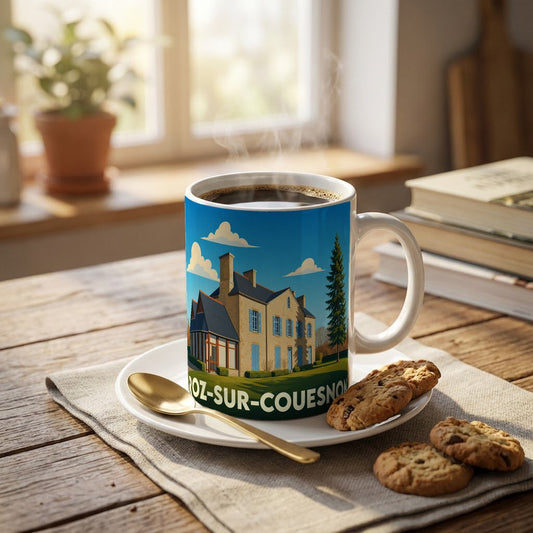 Mug souvenir de la ville de Roz-sur-Couesnon illustré d'une demeure traditionnelle bretonne sous un ciel bleu.