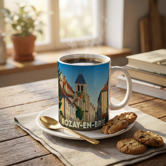 Mug souvenir de la ville de Rozay-en-Brie avec une illustration stylisée.