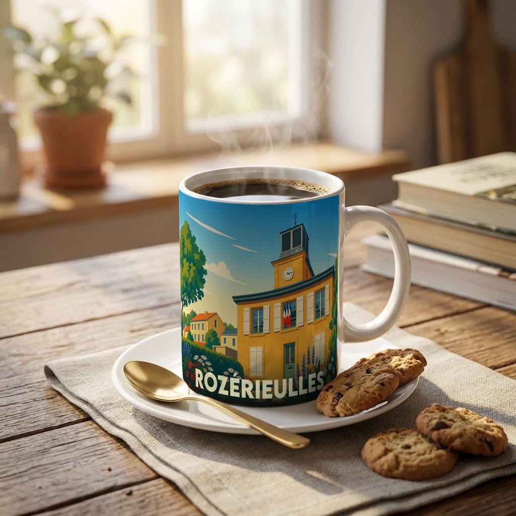 Mug souvenir de la ville de Rozérieulles avec une illustration stylisée d'un bâtiment communal.