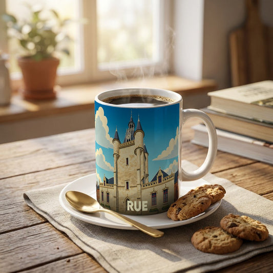 Mug souvenir de la ville de Rue avec une illustration stylisée de son beffroi historique.