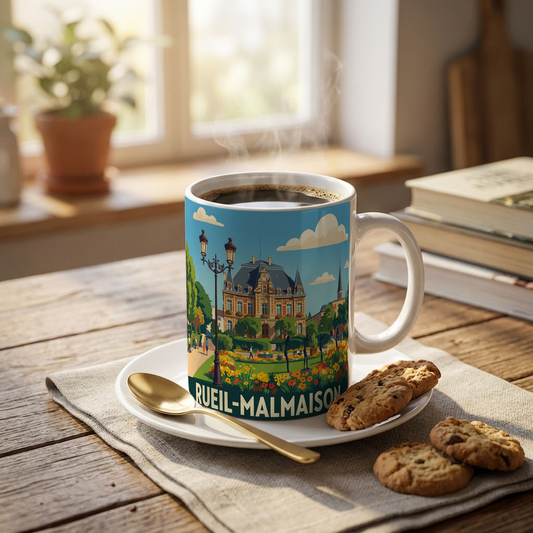 Mug souvenir de la ville de Rueil-Malmaison avec une illustration stylisée.