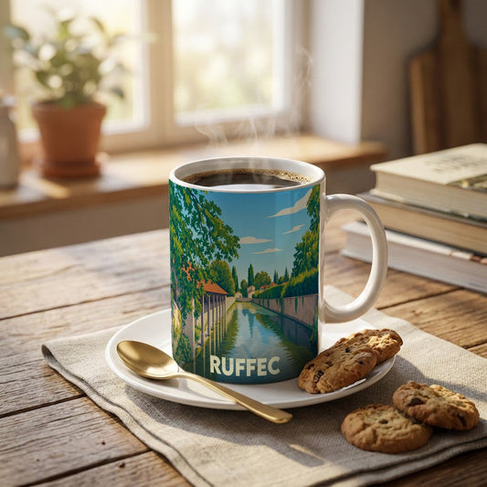 Mug souvenir de la ville de Ruffec illustré d'un paysage de rivière et de verdure.