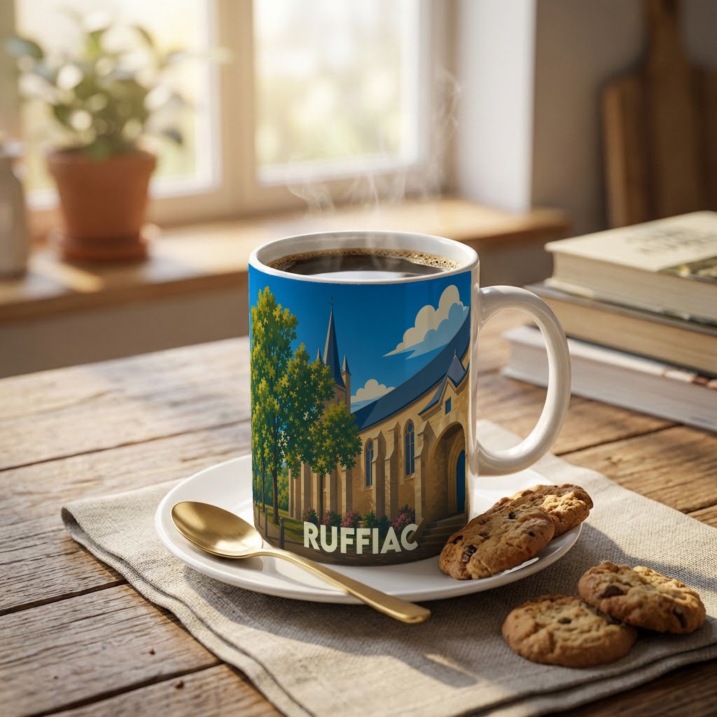 Mug souvenir de la ville de Ruffiac avec une illustration stylisée d'une église sous un ciel bleu.