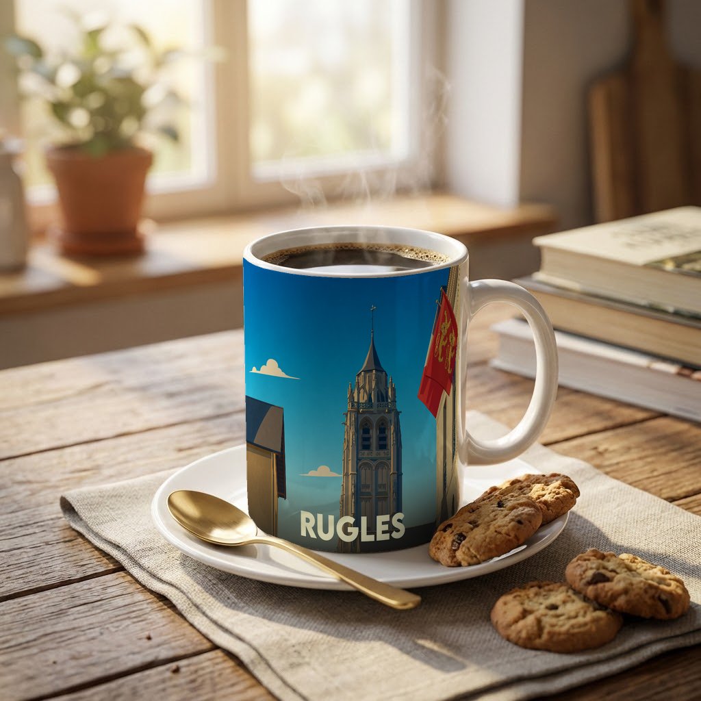 Mug souvenir de la ville de Rugles arborant une illustration stylisée de son église et de son clocher.