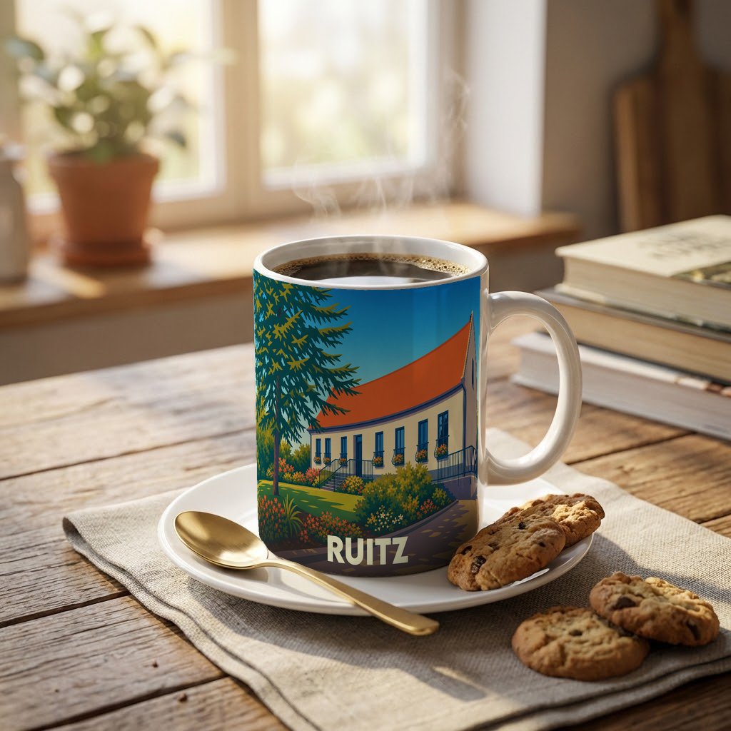 Mug souvenir de la ville de Ruitz orné d'une illustration stylisée d'un bâtiment traditionnel.