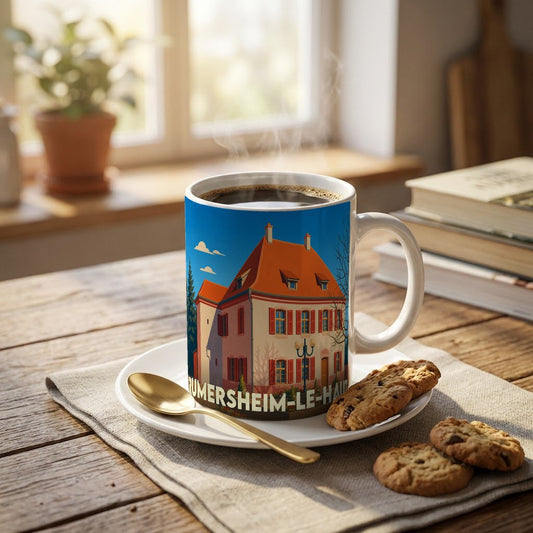 Mug souvenir de la ville de Rumersheim-le-Haut avec une illustration stylisée d'une maison alsacienne.