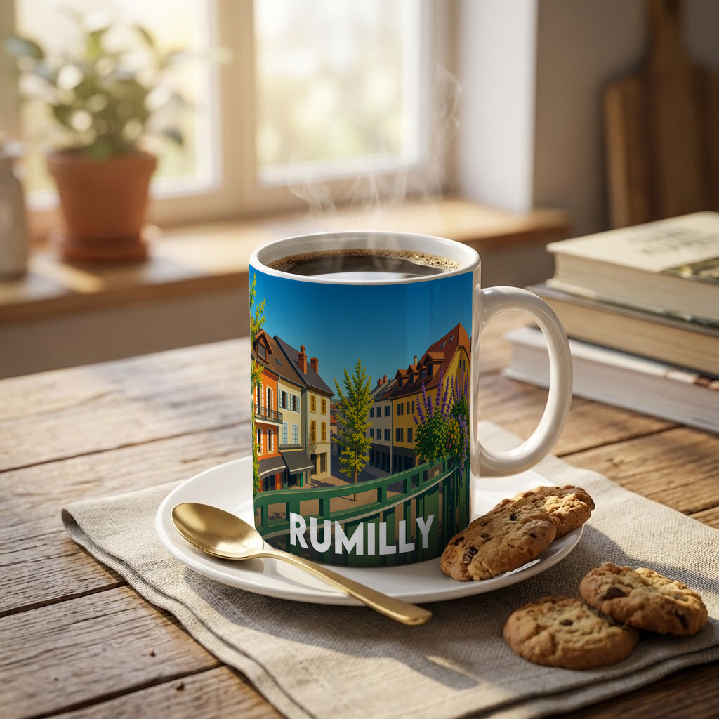 Mug souvenir de la ville de Rumilly avec une illustration stylisée d'un paysage urbain.