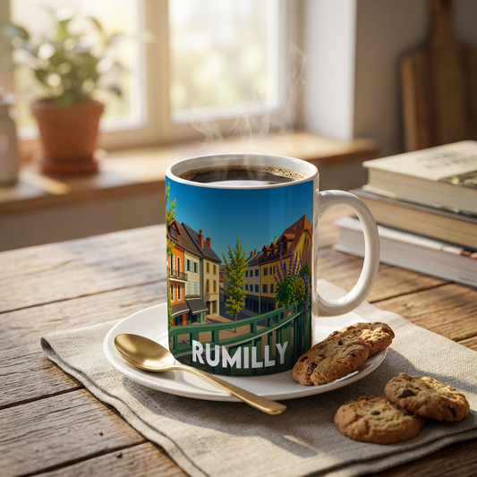 Mug souvenir de la ville de Rumilly avec une illustration stylisée d'un paysage urbain.