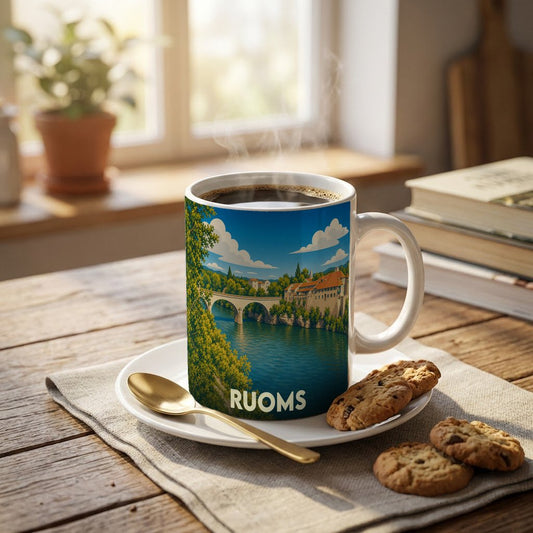 Mug souvenir de la ville de Ruoms avec une illustration stylisée d'un pont et de la rivière.