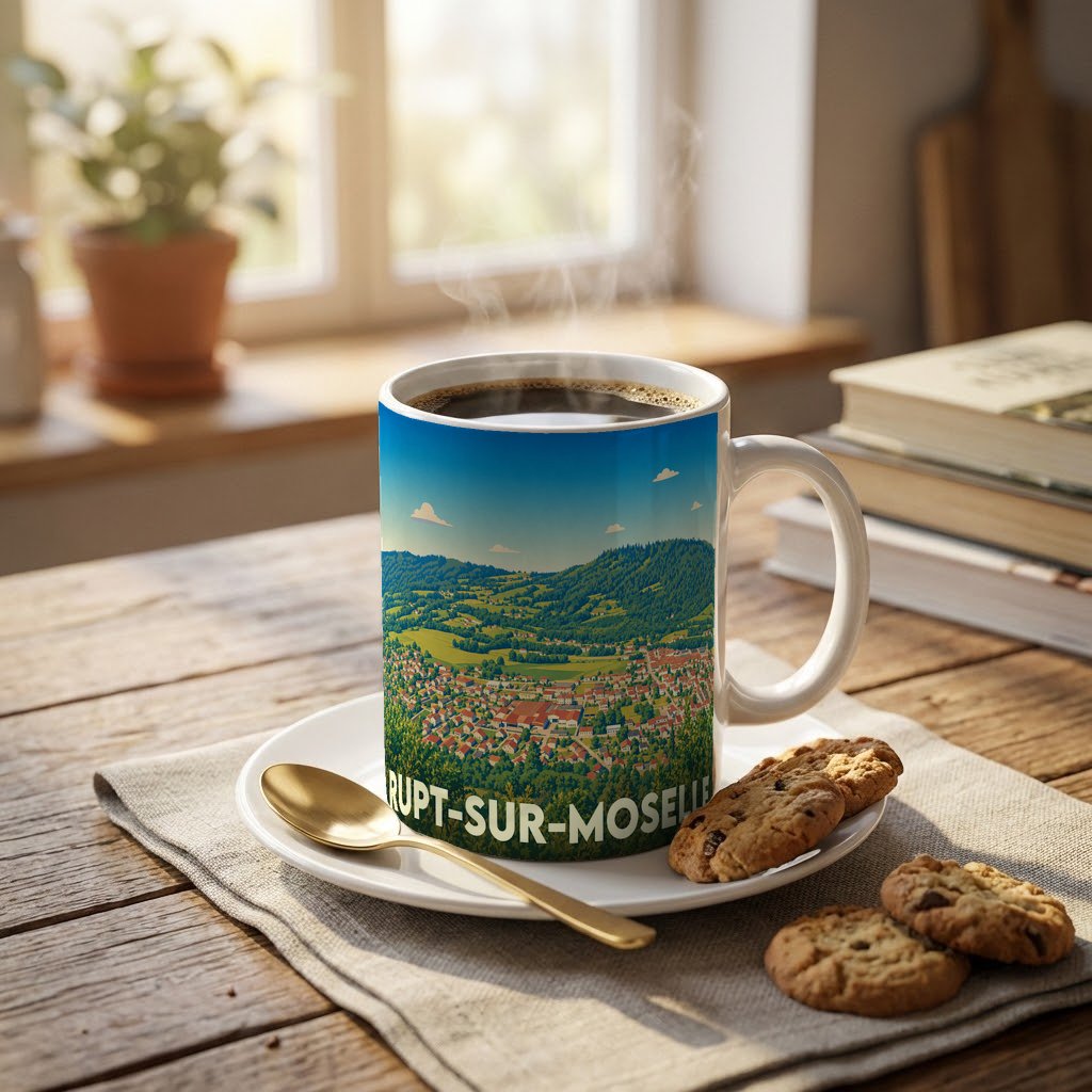 Mug souvenir de la ville de Rupt-sur-Moselle avec une illustration stylisée d'un paysage de montagne.