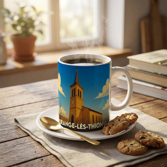 Mug souvenir de la ville de Rurange-lès-Thionville orné d'une illustration stylisée de son église sous un ciel bleu.