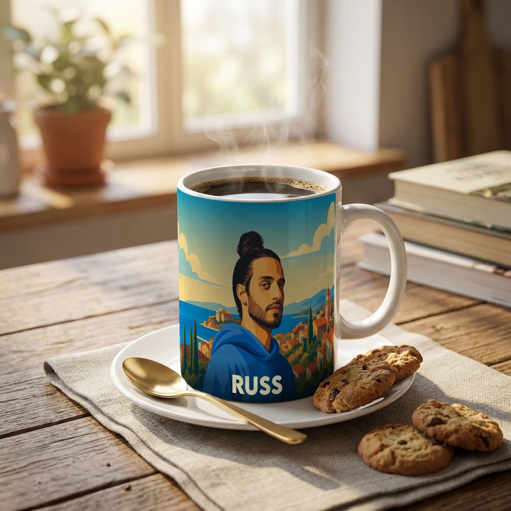 Mug souvenir de la ville de Russ avec une illustration stylisée d'un homme sur fond de paysage côtier.