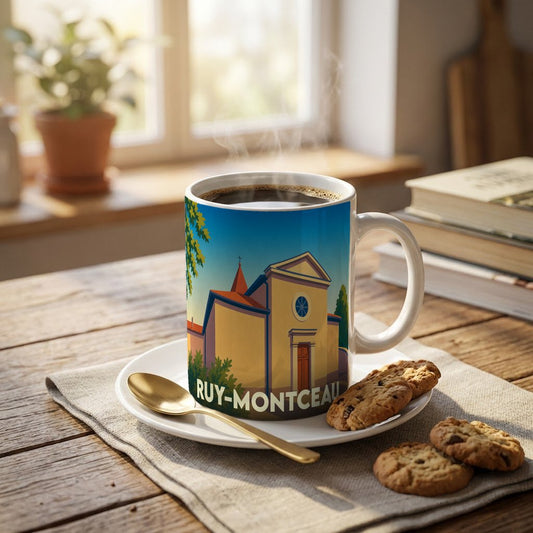 Mug souvenir de la ville de Ruy-Montceau orné d'une illustration stylisée de son église.
