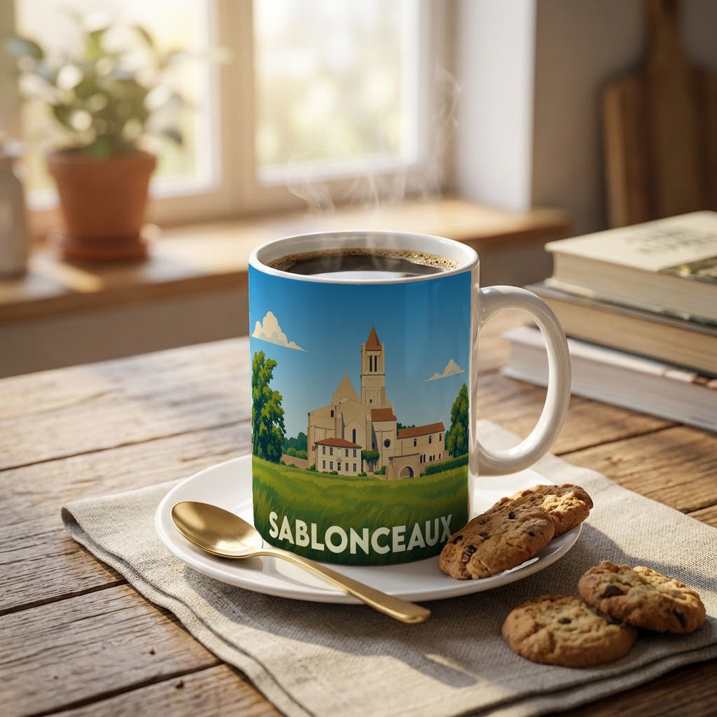 Mug souvenir de la ville de Sablonceaux orné d'une illustration stylisée de son abbaye.
